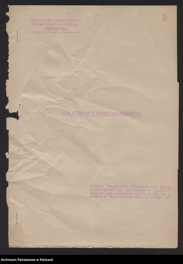 image.from.unit.number "[Stan przemysłu w okręgu częstochowskim Referat Towarzystwa Przemysłowców Okręgu Częstochowskiego z dn. 2.II.1931 r.]"