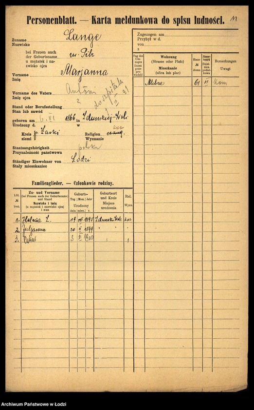 Obraz 13 z jednostki "[Spis ludności Łodzi] Lange - Langner"