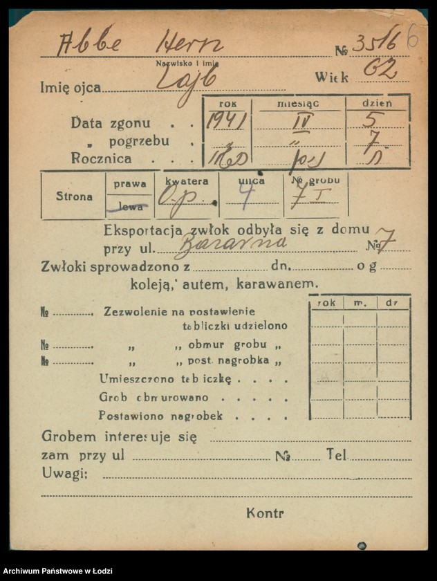 Obraz 7 z jednostki "Kartoteka osób pochowanych na cmentarzu żydowskim przy ulicy Brackiej w latach 1892-1959. Nazwiska na literę A"
