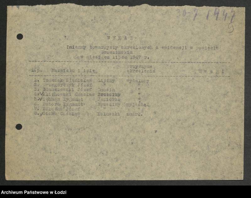 Obraz 6 z jednostki "Wykazy wykluczonych z partii i ubyłych z innych przyczyn [z lat 1945 - 1947]"