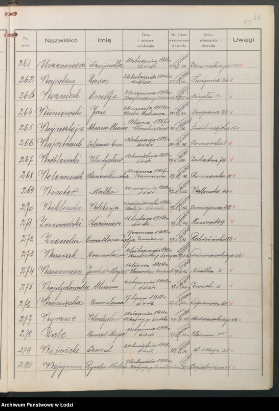 Obraz 17 z jednostki "Ewidencja dowodów osobistych wydanych przez Zarząd Miejski w Łodzi, zespół nr 8 [- nazwiska na litery] U, W, Z, Ż"