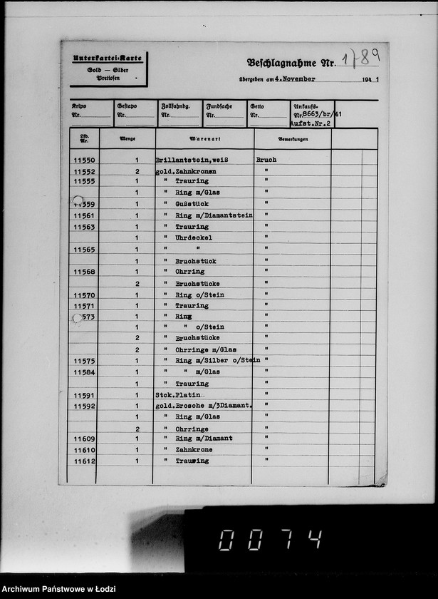 Obraz 13 z jednostki "Ankauf vom J.A.[Kartoteka dostaw skonfiskowanych kosztowności]"