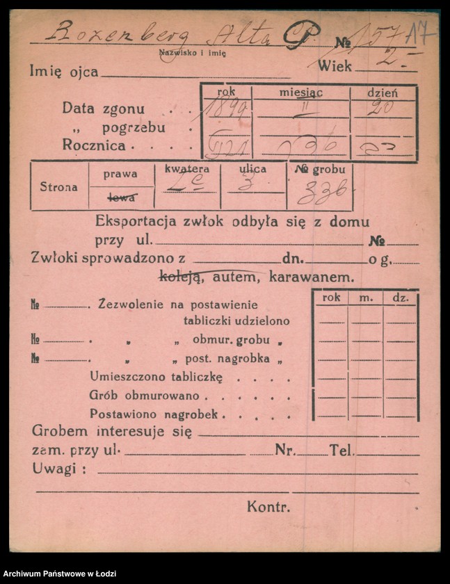 Obraz 19 z jednostki "Kartoteka osób pochowanych na cmentarzu żydowskim przy ulicy Brackiej w latach 1892-1954. Nazwiska na litery: Rozenbe-Rozenf"