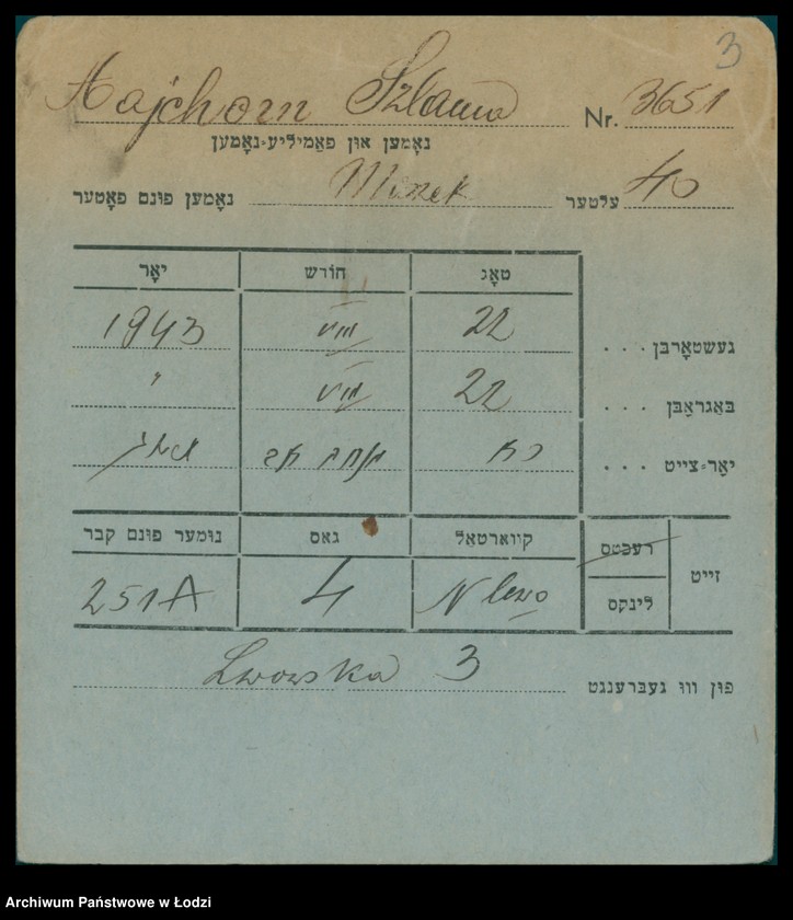 Obraz 4 z jednostki "Kartoteka osób pochowanych na cmentarzu żydowskim przy ulicy Brackiej w latach 1892-1959. Nazwiska na literę A"