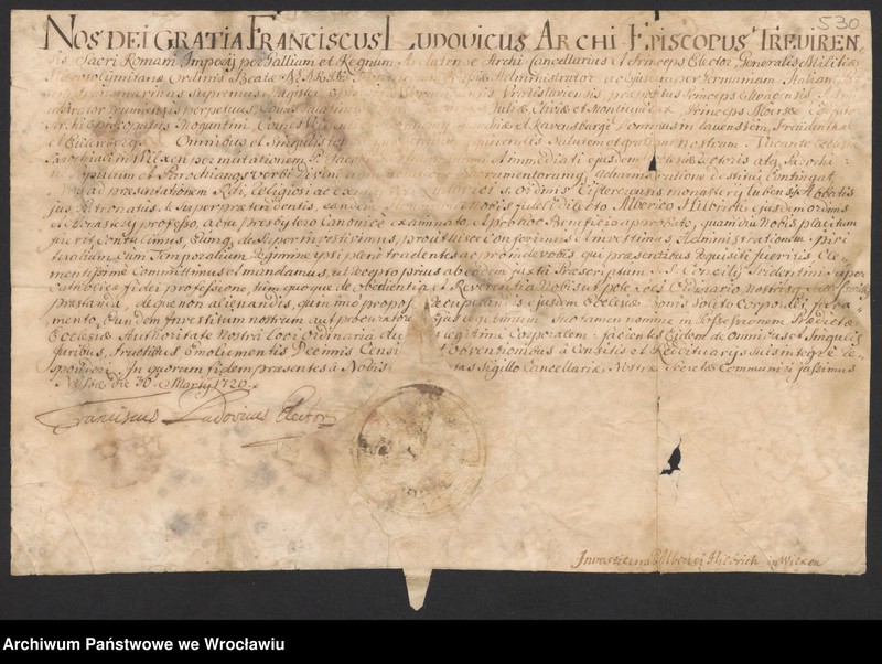 Obraz 3 z jednostki "Franciszek Ludwik, biskup wrocławski, mianuje Alberyka Hilbrich, profesa lubiąskiego, nowym plebanem w Wilkszynie (Wilxen)."