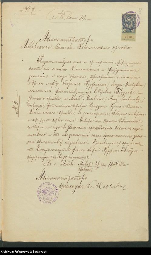 Obraz 10 z jednostki "Dokumenty predstavlennyja k bračnym aktam Punskago Rimsko-Katličeskago prichoda za 1904 g."