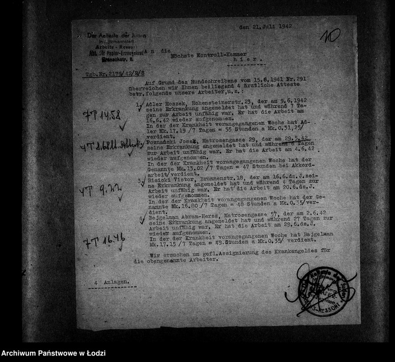 Obraz 13 z jednostki "Papiererzeugnisse-Abteilung [Zasiłki chorobowe dla pracowników wydziału, listy pracowników, zaświadczenia lekarskie]"