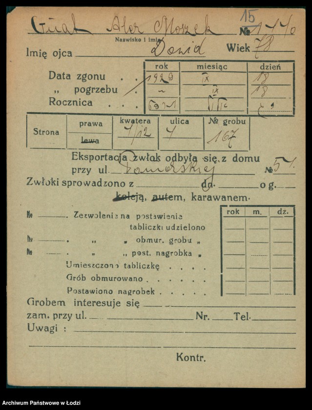 Obraz 16 z jednostki "Kartoteka osób pochowanych na cmentarzu żydowskim przy ulicy Brackiej w latach 1892-1955. Nazwiska na litery: Gl-Goldbe"