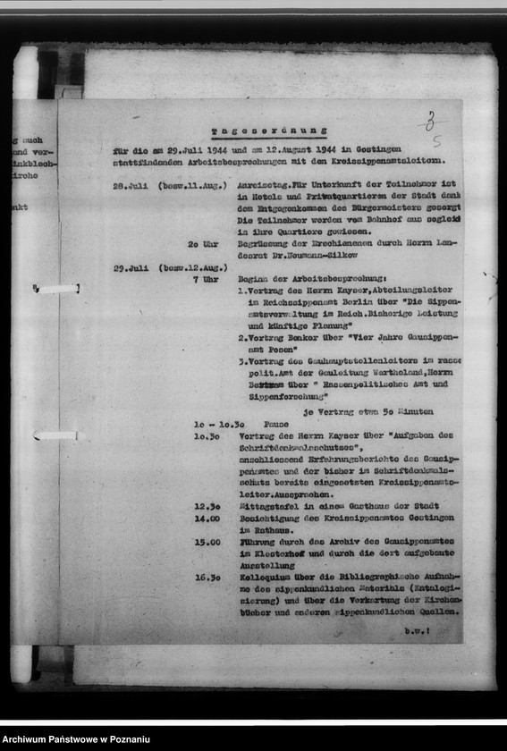 Obraz 9 z jednostki "Arbeitsbesprechung der Sippenamtsleiter in Gostingen [Gostyń, porządek obrad i sprawozdanie z zebrania kierowników powiatowych urzędów do spraw genealogicznych z terenu województwa poznańskiego]"