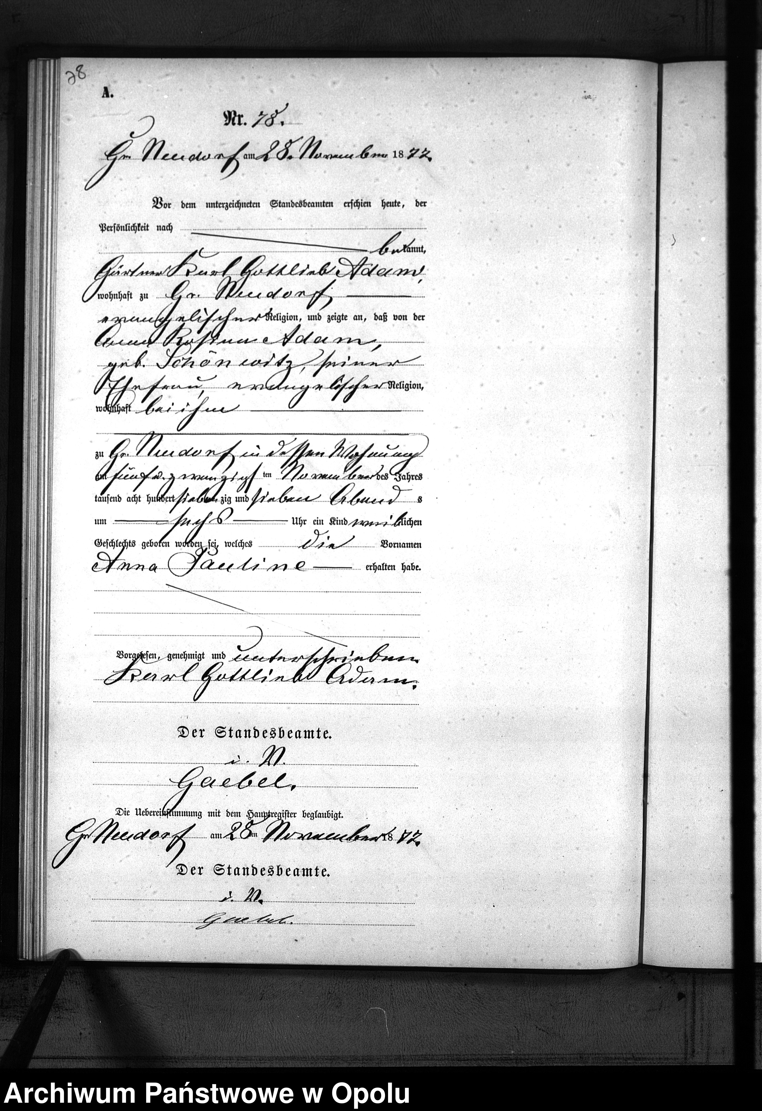 Skan z jednostki: Geburts-Neben-Register Standesamt Gr.[oss] Neudorf 1877