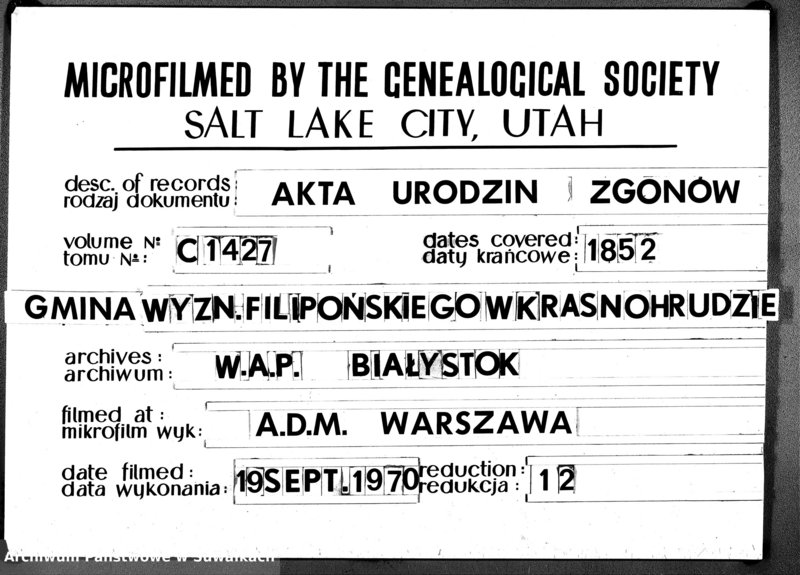 image.from.unit.number "Duplikat Urodzonych Zaślubionych Zmarłych Sekty Filiponów z Gminy Krasnohruda na 1852 rok"