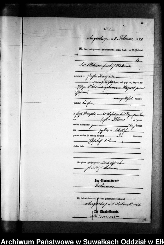 image.from.unit.number "Geburts-Neben-Register des Preussischen Standes-Amtes Gr. Strengeln Kreis Angerburg"