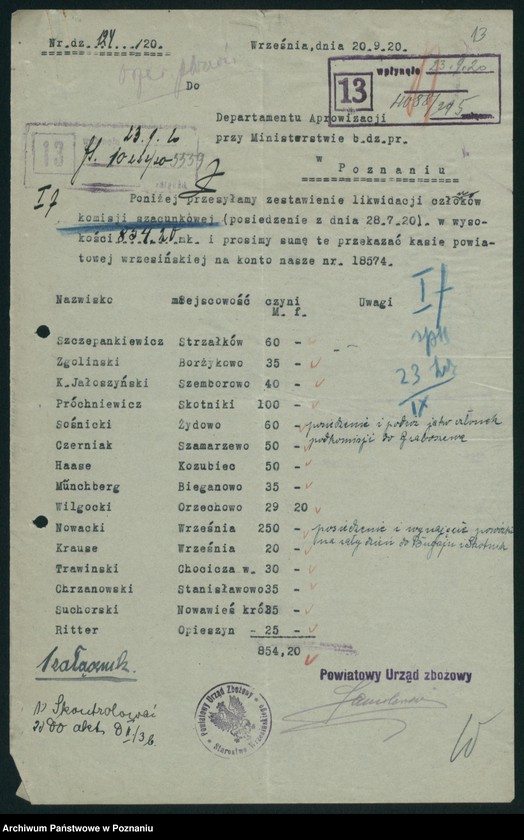 Obraz 14 z jednostki "[Statystyka produkcji rolnej - wynagrodzenia za oszacowanie plonów oraz stwierdzenie powierzchni zasiewów w 1920 roku]"