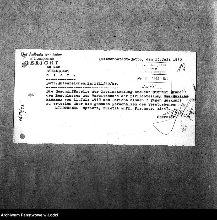 Obraz 13 z jednostki "[Korespondencja z Sądem w sprawach danych personalnych ludności getta (zmarłej)]"