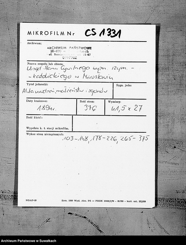 image.from.unit.number "Nastojaščaja Kniga Duplikat služaščaja dlja zapisyvanija aktov o rodivšichsja, brakosočetavšichsja i umeršich Miroslavskago Rimsko- Katoličeskago Prichoda na 1894 god Księga duplikat akt o urodzonych zaślubionych i zmarłych"