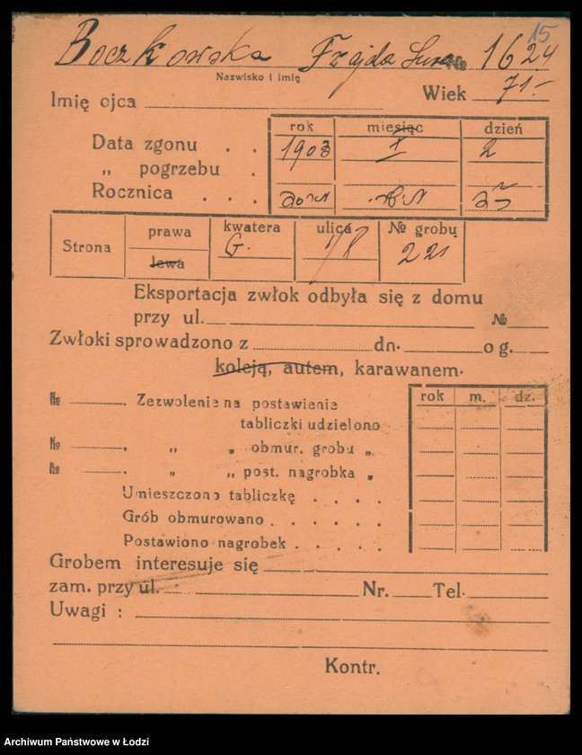 Obraz 17 z jednostki "Kartoteka osób pochowanych na cmentarzu żydowskim przy ulicy Brackiej w latach 1892-1956. Nazwiska na litery: Bock-Bö"
