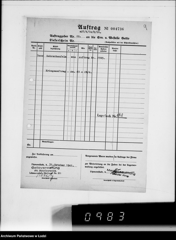 Obraz 13 z jednostki "Amt für zentrale Vewaltungsaufgaben der Luftwaffe Kriegsauftrag 49/41 A.z.V.3000 Kehrschaufeln"