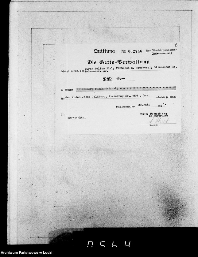 Obraz 12 z jednostki "J.801-820 [Wnioski Żydów z Getta o zwrot należności za towar wzięty na kredyt oraz za wykonaną pracę]"