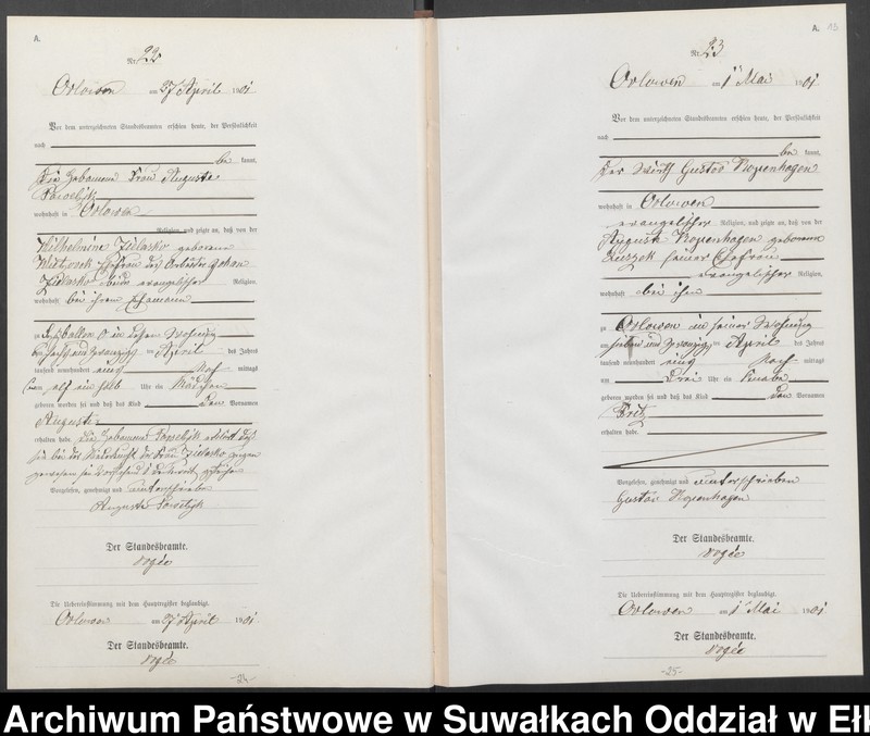 image.from.unit.number "Geburts-Neben-Register des Preussischen Standes-Amtes Orlowen Kreis Loetzen"