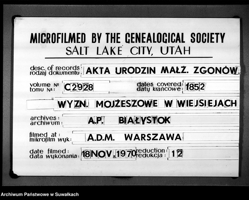 image.from.unit.number "Duplikat Zaślubionych, Urodzonych i Zmarłych Okręgu Wiejsieje Wyznania Moyżeszowego za rok 1852"
