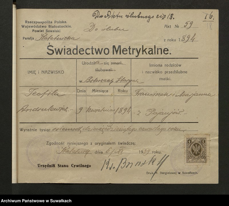 image.from.unit.number "Dokumenty Do aktów zaślubionych Smolańskiej R.K. Paraji za 1929 rok"