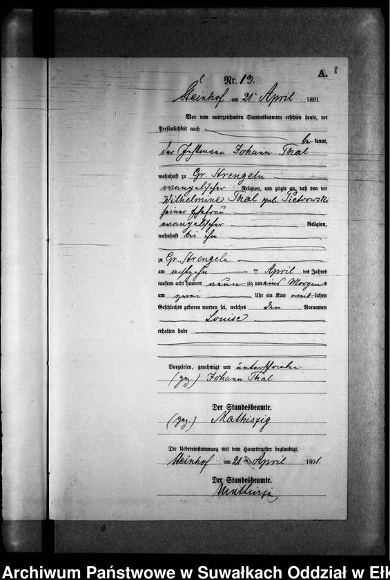 image.from.unit.number "Geburts-Neben-Register des Preussischen Standes-Amtes Gr. Strengeln Kreis Angerburg"