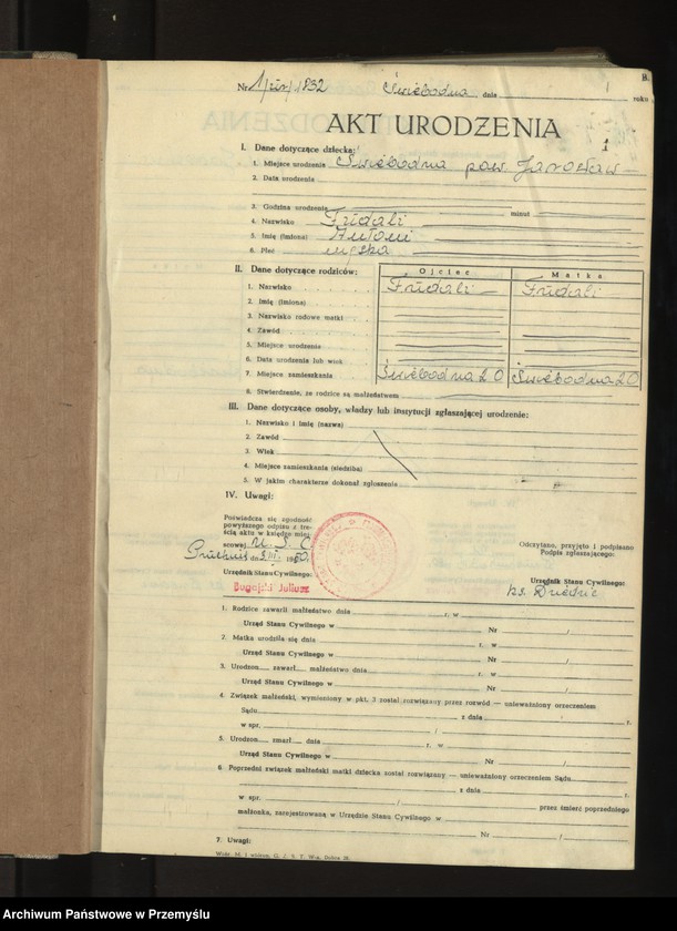 Obraz z jednostki "[Księga miejscowa aktów urodzenia gromady Świebodna]"