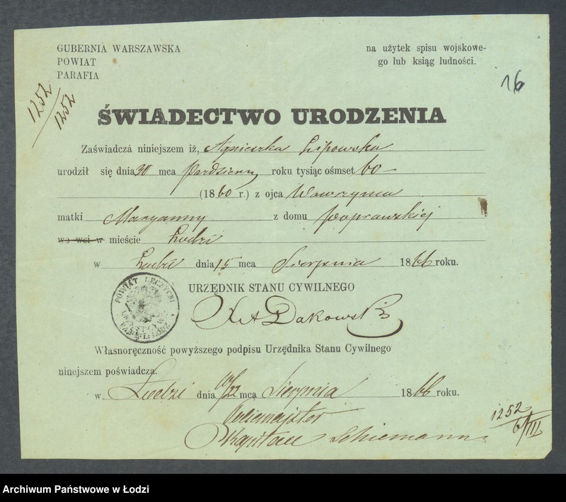 Obraz 18 z jednostki "Dowody metrykalne stałych mieszkańców m. Łodzi nr domu 1252-1254f"