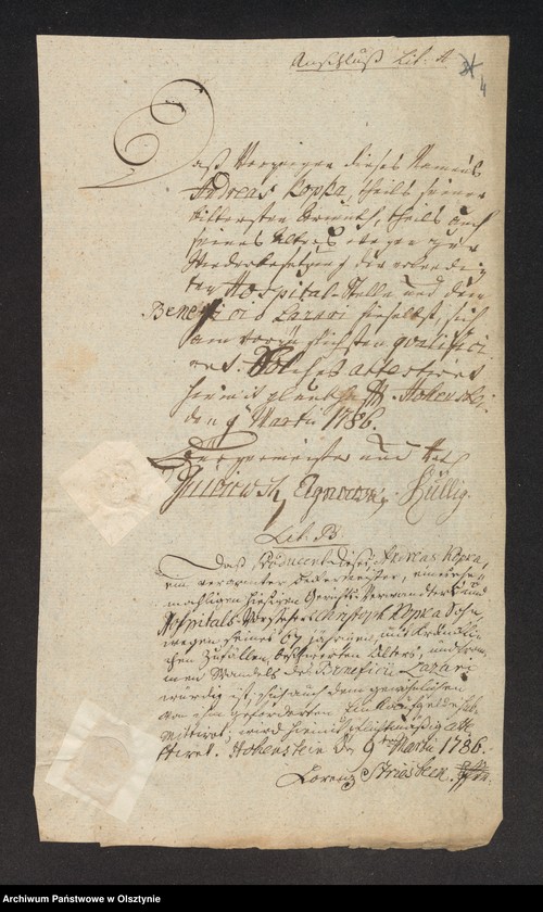 image.from.unit.number "In S. [Sachen] des Bäcker„Meisters Andreas Kopka wegen seiner Aufnahme in das Hohensteinsche Hospital"