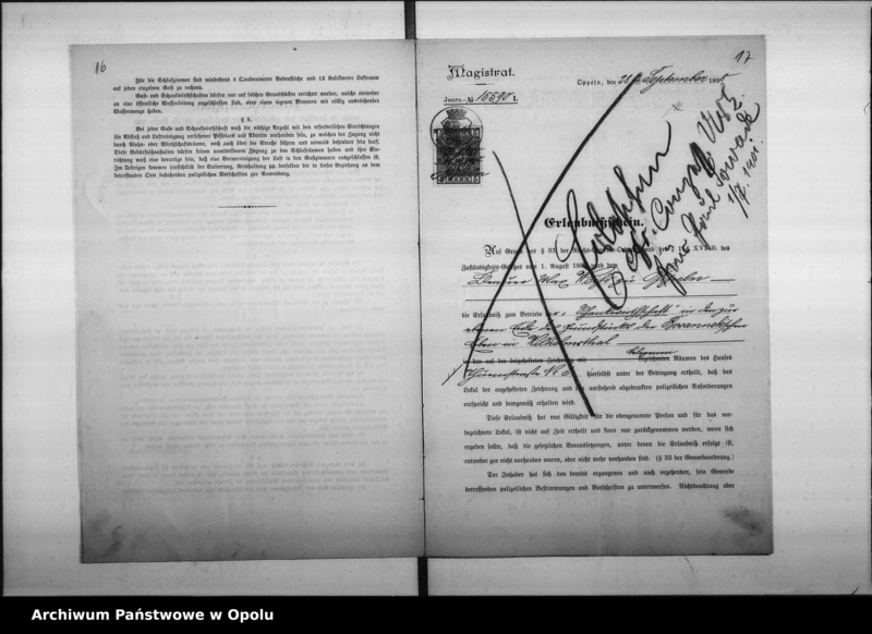 Obraz 16 z jednostki "Acta des Magistrats zu Oppeln betreffend den Schankwirthschaftsbetrieb im Hause No 8 Wilhelmstal durch Bosannek Vol: I"