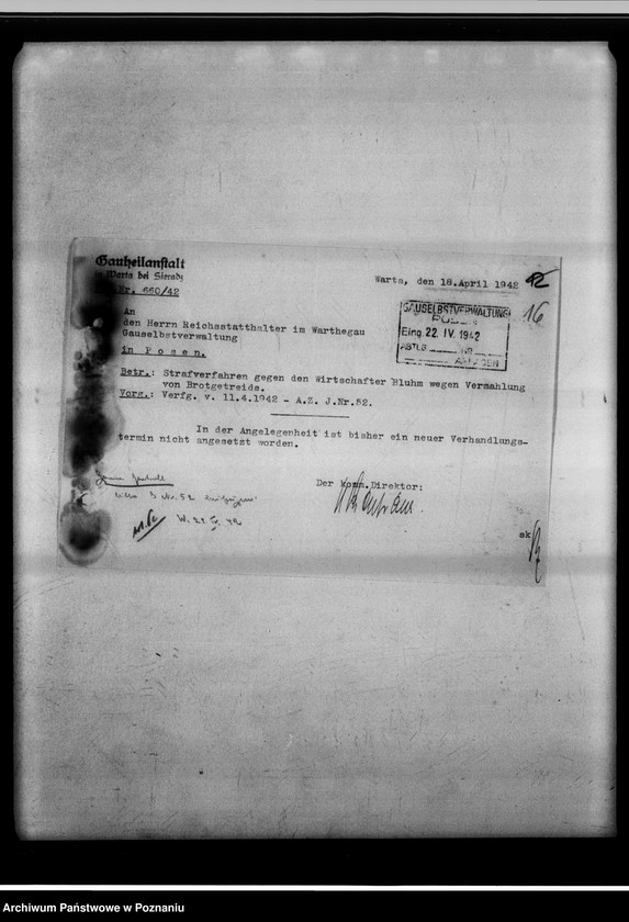 Obraz 20 z jednostki "Strafverfahren wegen Vermahlung von Brotgetreide - Gauheilanstalt Warta bei Sieradz."
