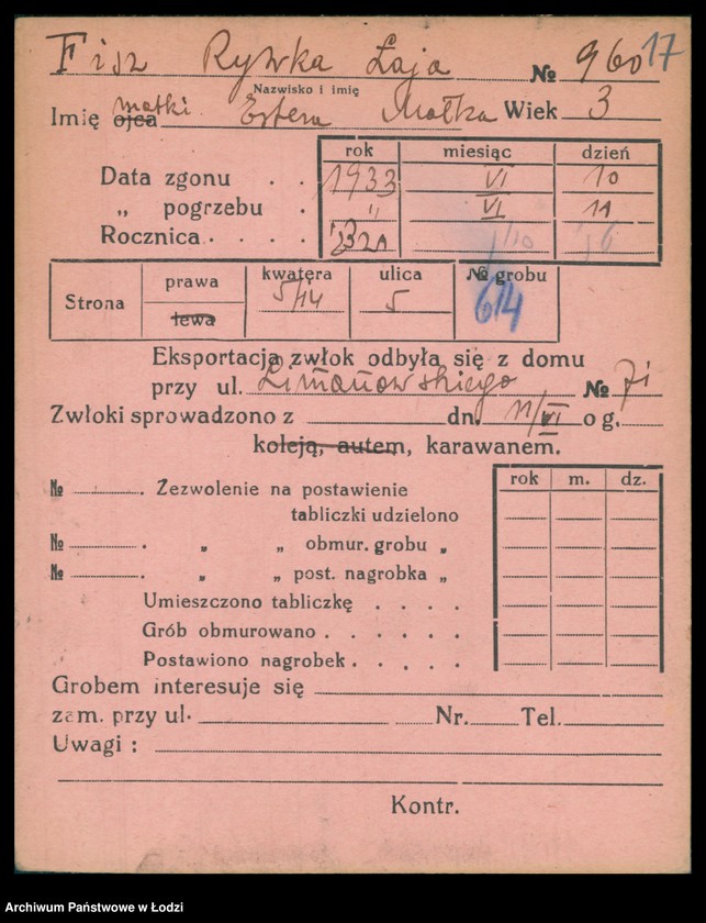 Obraz 18 z jednostki "Kartoteka osób pochowanych na cmentarzu żydowskim przy ulicy Brackiej w latach 1892-1957. Nazwiska na litery: Fisz-For"