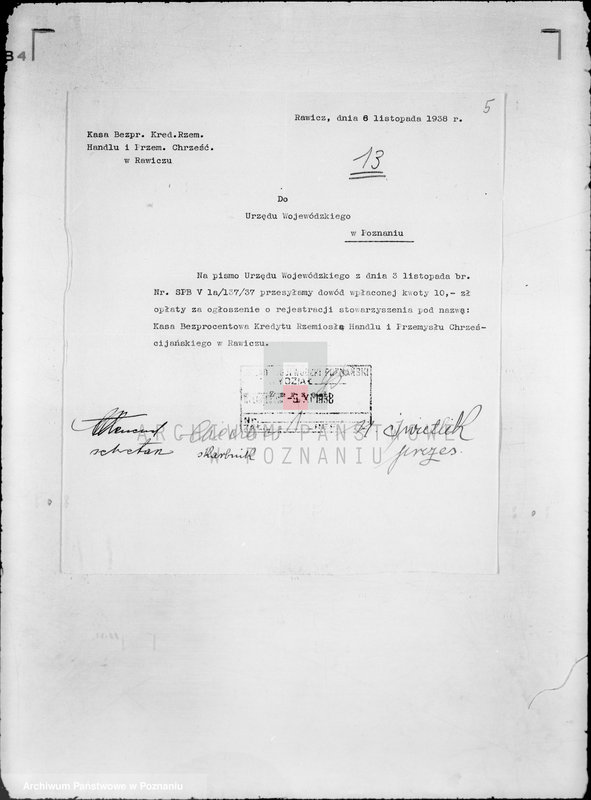 Obraz 9 z jednostki "/ Kasa Bezprocentowego Kredytu Rzemiosła, Handlu i Przemysłu Chrześcijańskiego w Rawiczu/"