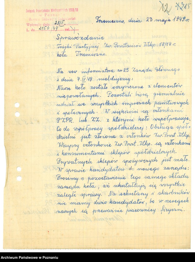 Obraz 17 z jednostki "Współdziałanie Zarządu Głównego Związku Powstańców Wielkopolskich z kołami: 1. Toruń [1948-1949] 2. Trzemeszno [1948-1949] 3. Tuchola [1949] 4. Ujście [1946-1949] 5. Wartosław [1948] 6. Wiejewo [1947] 7. Witkowo [1947] 8. Wolsztyn [1946-1949] 9. Wyrzysk [1947-1948] 10. Wysoka [1947] 11. Złotów [1947] 12. Żabikowo [1946-1949]"