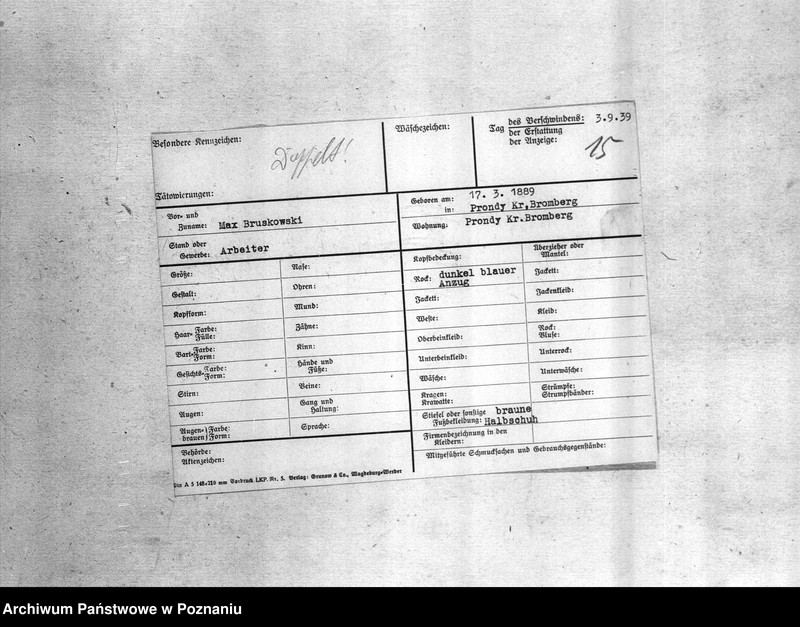 Obraz 19 z jednostki "Zgłoszenia zmarłych i zaginionych miejscowych Niemców w 1939 roku - powiat bydgoski"