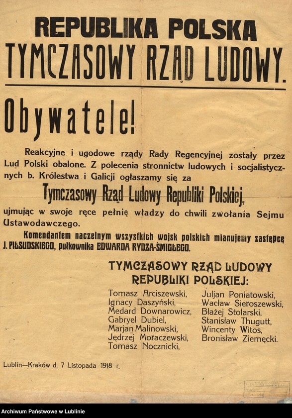 Obraz 1 z kolekcji "Tymczasowy Rząd Ludowy Republiki Polskiej w Lublinie - próby organizacji polskiej państwowości w przededniu odzyskania niepodległości111"