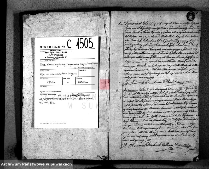 image.from.unit.number "Duplikat Narodzonych, Zaślubionych i Zeszłych w Parafii Krasnopolskiey z Roku 1836."