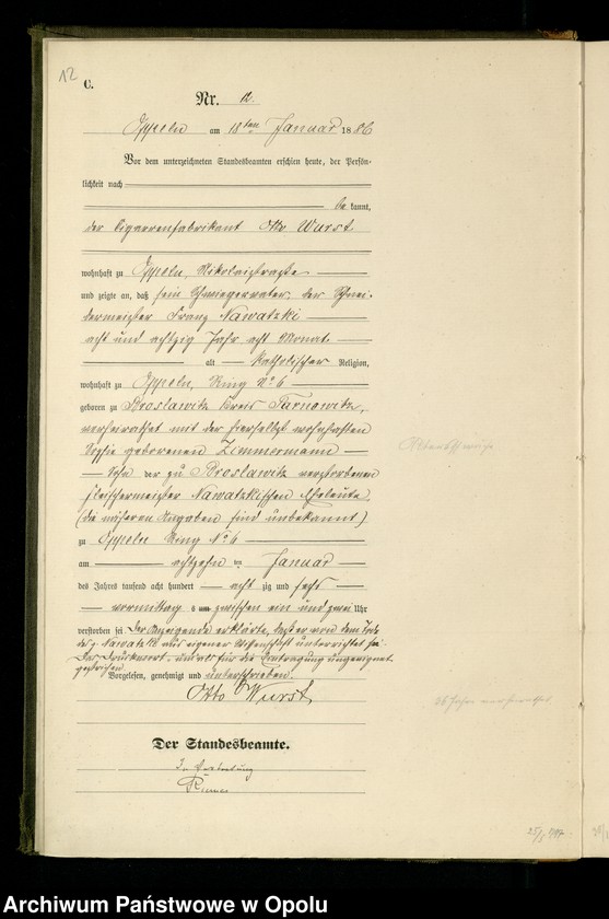 Obraz 15 z jednostki "Urząd Stanu Cywilnego w Opolu 1886 Rejestr zgonów Księga Miejscowa Nr 1 do 300"