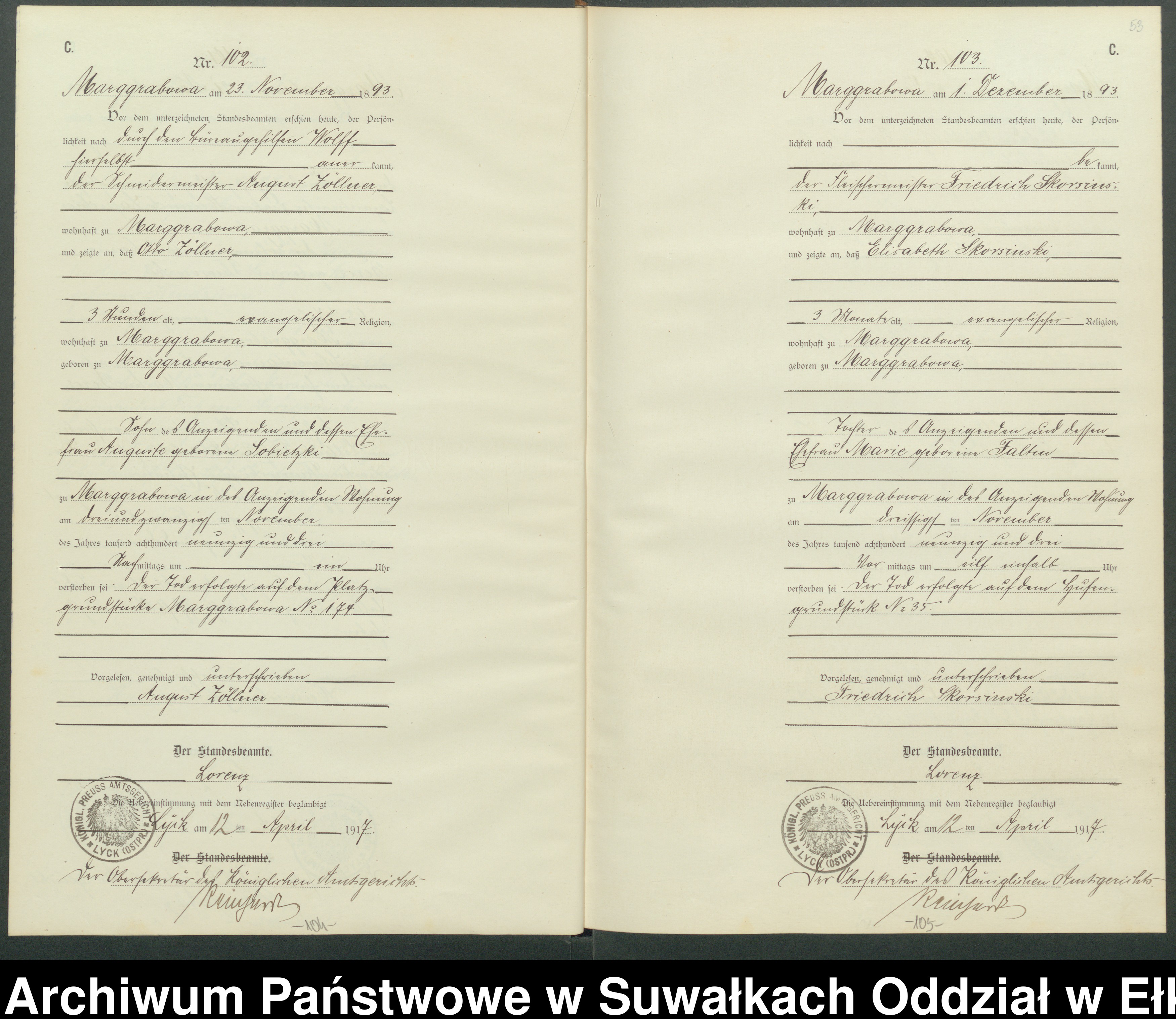 Skan z jednostki: C1.Sterbe-Register [Haupt-Register] Standesamt Stadtgemeinde Marggrabowa Kreis Oletzko No.1 bis.116