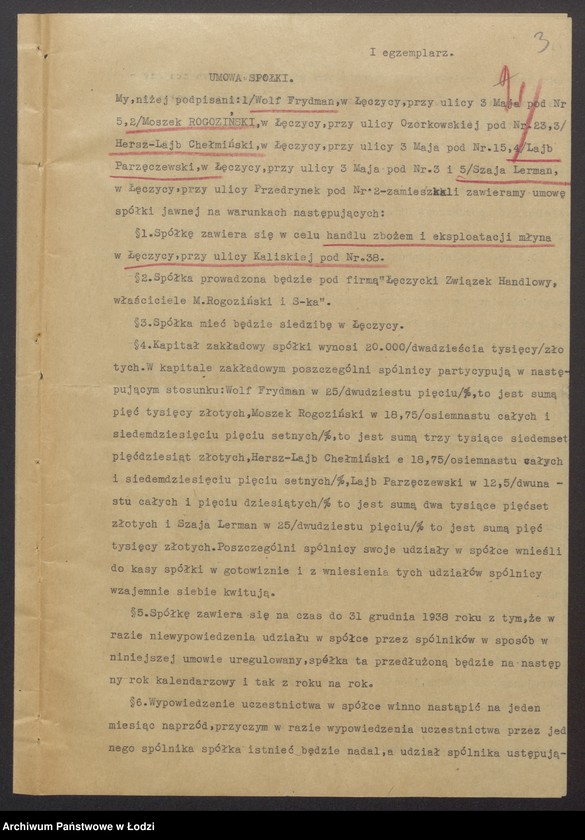Obraz 5 z jednostki "Wolf Frydman, Moszek Rogoziński, Hersz Lajb Chełmiński, Lajb Parzęczewski, Szyja Lerman- eksploatacja młyna i handel zbożem w Łęczycy"