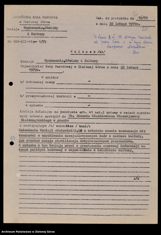 image.from.unit.number "Protokóły z posiedzeń Komisji Wychowania, Oświaty i Kultury Wojewódzkiej Rady Narodowej w Zielonej Górze; Nr 19 - 24"