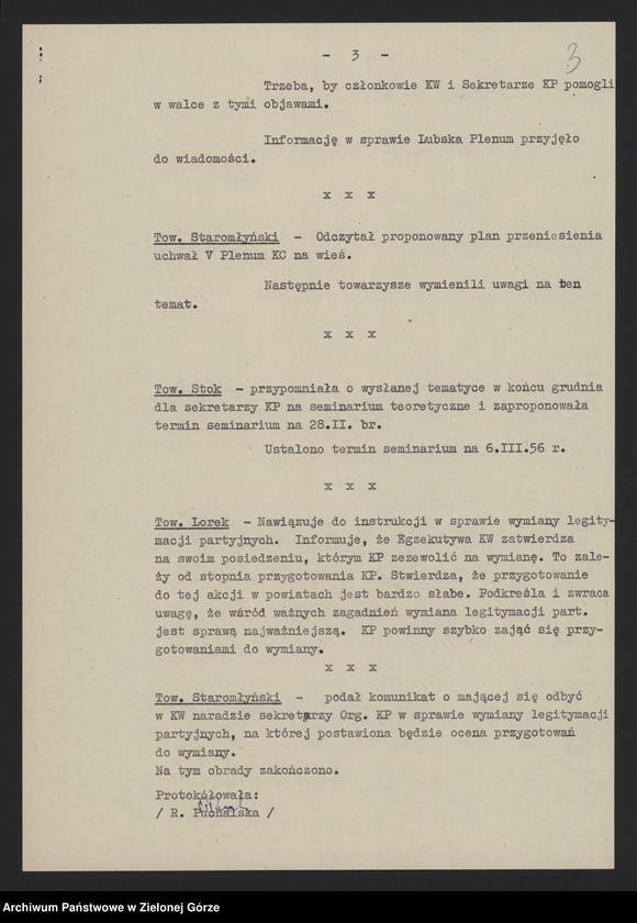 image.from.unit.number "Protokół plenarnego posiedzenia nt.: Sprawa I sekretarza Komitetu Powiatowego w Lubsku, sprawy organizacyjne. 16 lutego 1956 r."