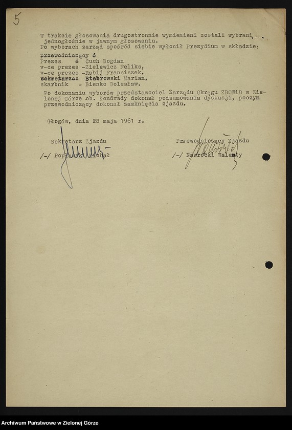 image.from.unit.number "Oddział Powiatowy ZBoWiD w Głogowie. Kampania sprawozdawczo-wyborcza Zarządu Oddziału Powiatowego ZBoWiD w Głogowie w 1961 r.-Protokół z Walnego Zjazdu Powiatowego ZBoWiD - 28 maja 1961"