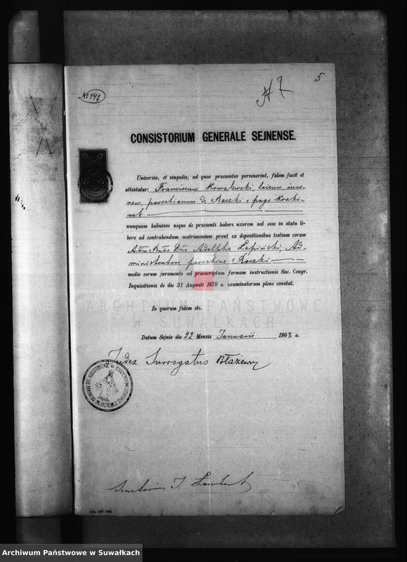 image.from.unit.number "Dokumenty k aktam o brakosočetavšichsja po Bakalarževskomu Rimsko- Katoličeskomu prichodu za 1903 god"