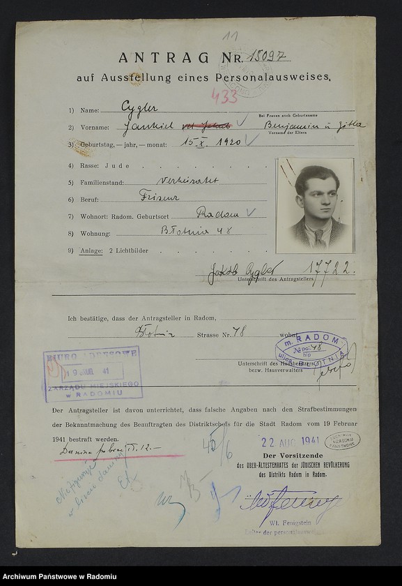 Obraz 15 z jednostki "[Wnioski o wydanie dowodów osobistych oraz nie odebrane dowody Cygielsztajcher - Cyngiser]"