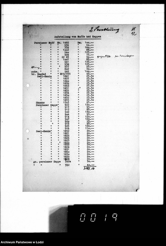 Obraz 17 z jednostki "Lieferscheine, [Zestawienia dostaw i sprzedaży futer]"