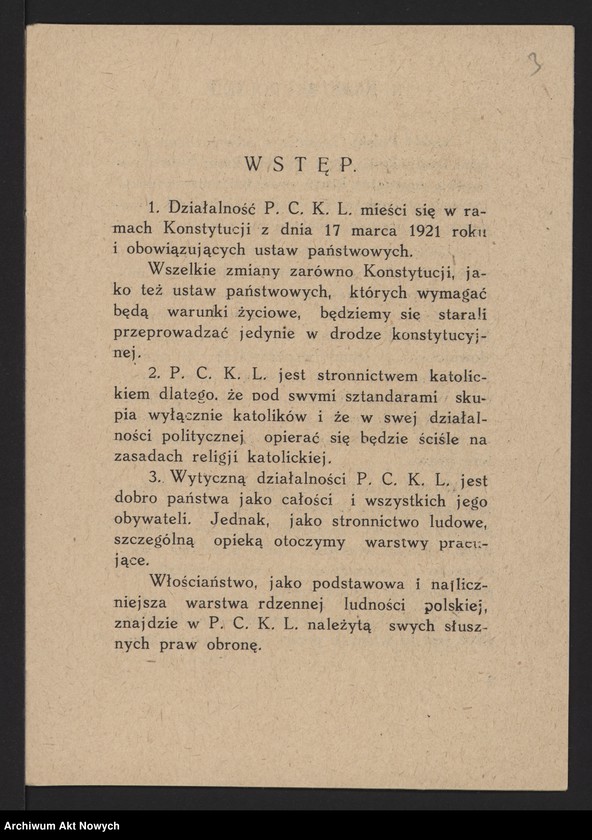 Obraz 5 z jednostki "Polskie Centrum Katolicko-Ludowe. Odezwa, program, zestawienie wydatków (maszynopisy, broszurka); patrz t.1709"