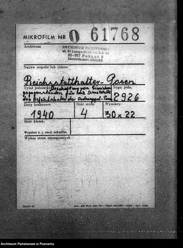 Obraz 2 z jednostki "Beschaffung von Einrichtungsgegenständen für die Dienststelle des Befehlshaber der Ordnungspolizei Posen"