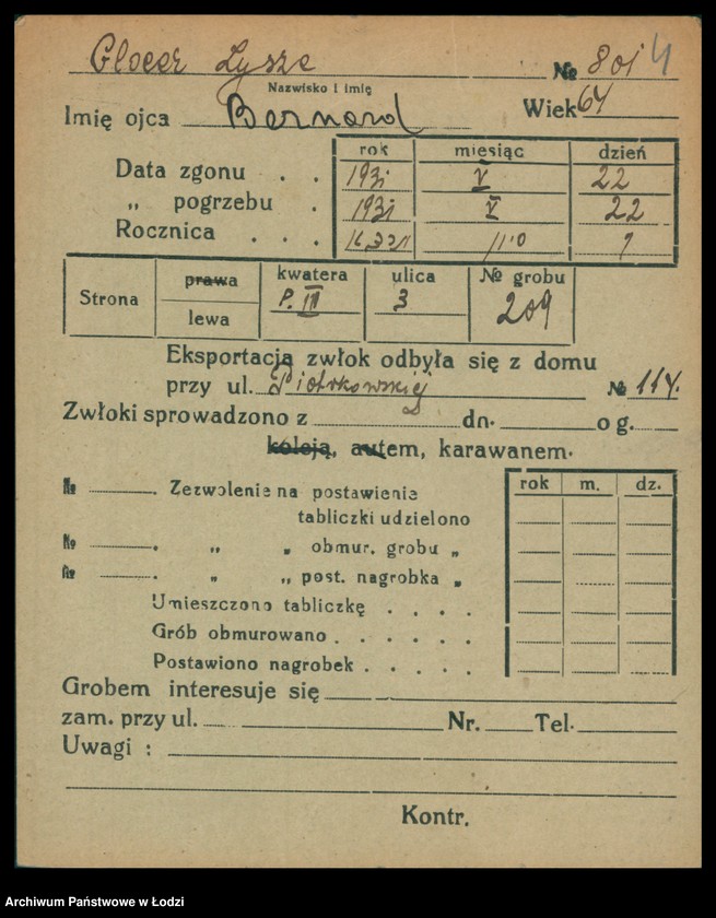 Obraz 5 z jednostki "Kartoteka osób pochowanych na cmentarzu żydowskim przy ulicy Brackiej w latach 1892-1955. Nazwiska na litery: Gl-Goldbe"