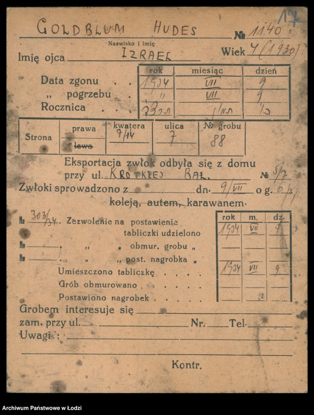 Obraz 18 z jednostki "Kartoteka osób pochowanych na cmentarzu żydowskim przy ulicy Brackiej w latach 1892-1954. Nazwiska na litery: Goldbl-Goldsz"